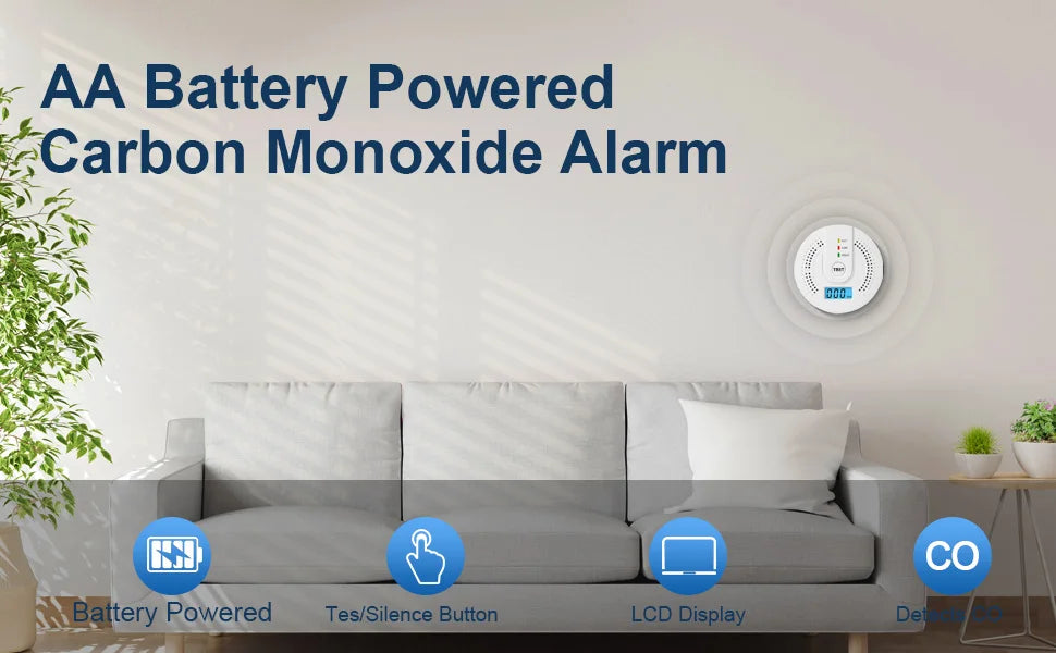 Kohlenmonoxidmelder (CO) – Gasmonitor mit Alarm, LCD-Digitalanzeige, batteriebetrieben mit AA-Batterien, CO-Sensor für Zuhause, Lager/Depot und Testzwecke.