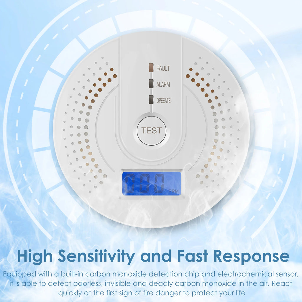 Kohlenmonoxidmelder (CO) – Gasmonitor mit Alarm, LCD-Digitalanzeige, batteriebetrieben mit AA-Batterien, CO-Sensor für Zuhause, Lager/Depot und Testzwecke.