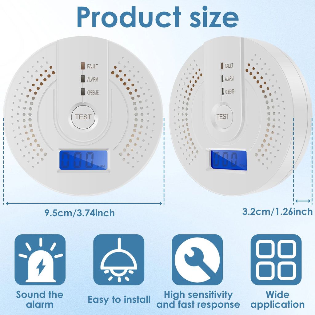 Kohlenmonoxidmelder (CO) – Gasmonitor mit Alarm, LCD-Digitalanzeige, batteriebetrieben mit AA-Batterien, CO-Sensor für Zuhause, Lager/Depot und Testzwecke.