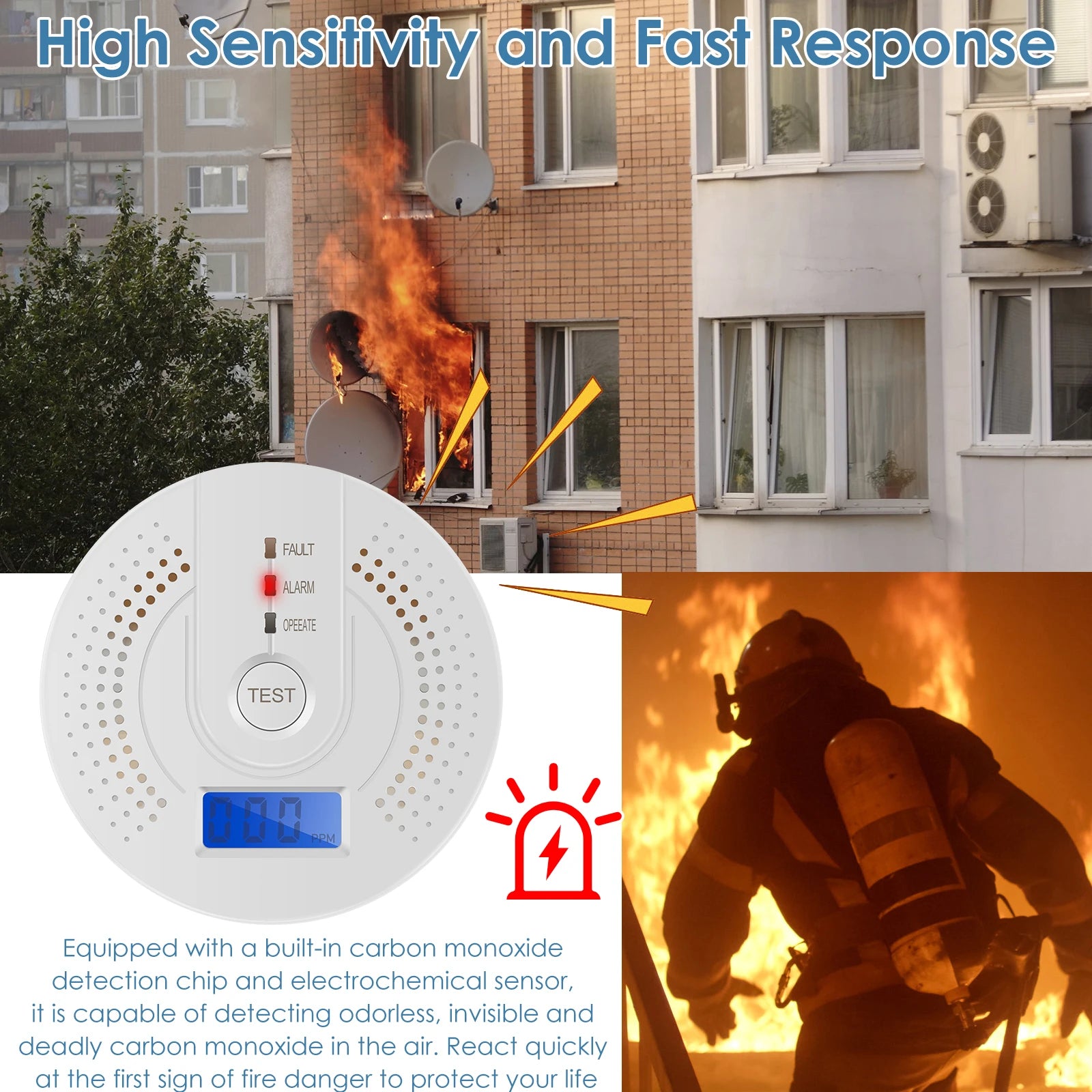 Kohlenmonoxidmelder (CO) – Gasmonitor mit Alarm, LCD-Digitalanzeige, batteriebetrieben mit AA-Batterien, CO-Sensor für Zuhause, Lager/Depot und Testzwecke.