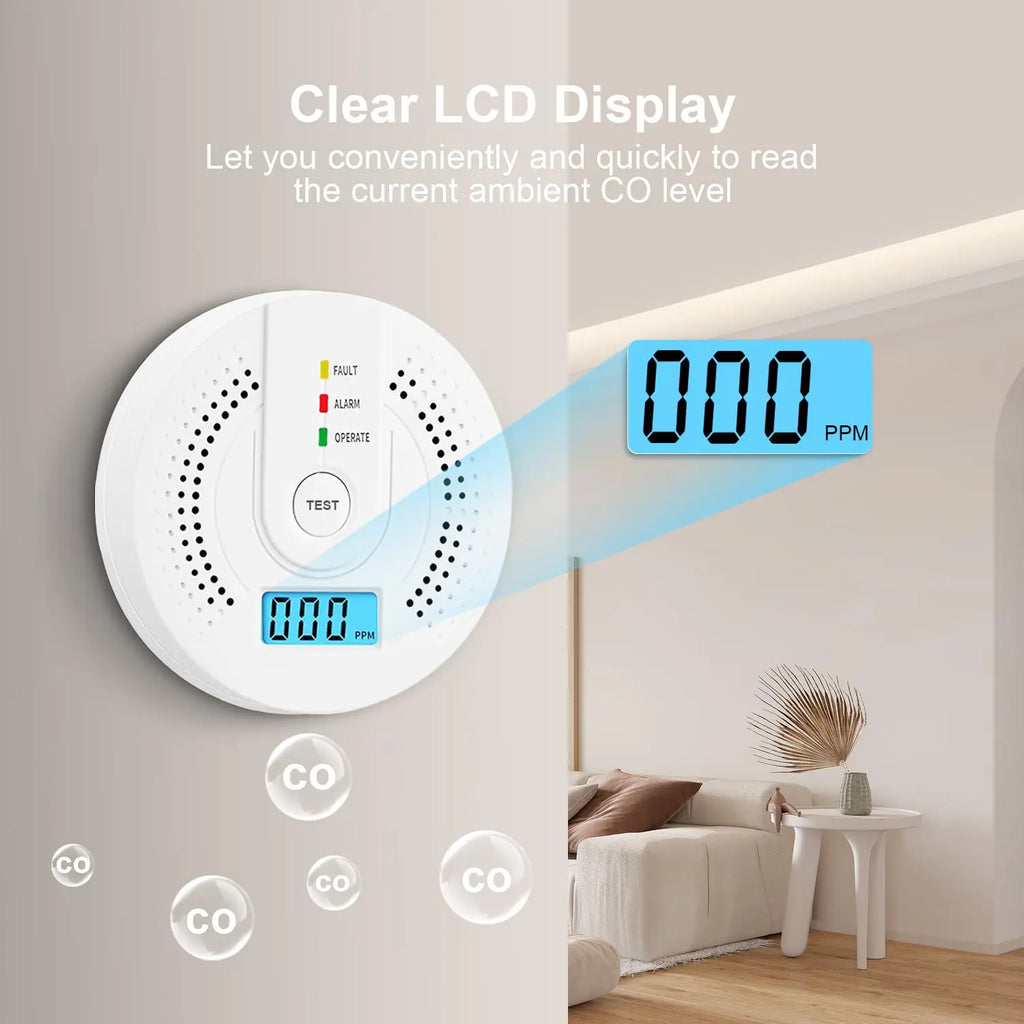 Kohlenmonoxidmelder (CO) – Gasmonitor mit Alarm, LCD-Digitalanzeige, batteriebetrieben mit AA-Batterien, CO-Sensor für Zuhause, Lager/Depot und Testzwecke.