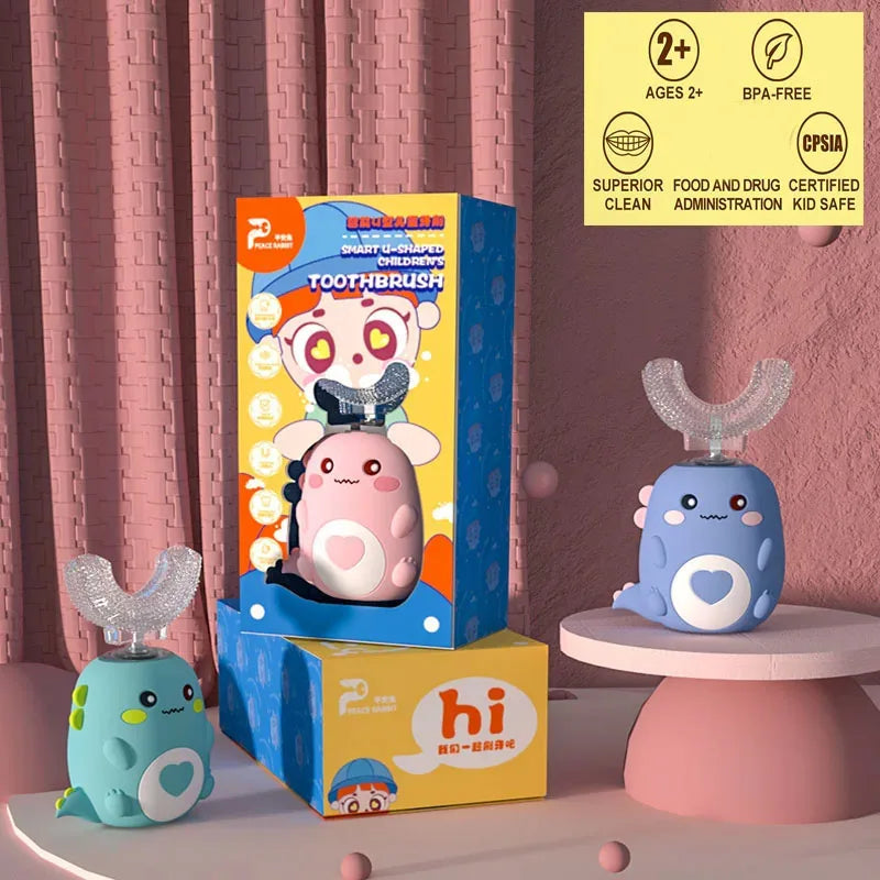 Kinder U-förmige elektrische Zahnbürste – 360° Smart Cartoon Silikon Zahnbürste (Automatisch & Wiederaufladbar, Sonic Technologie)